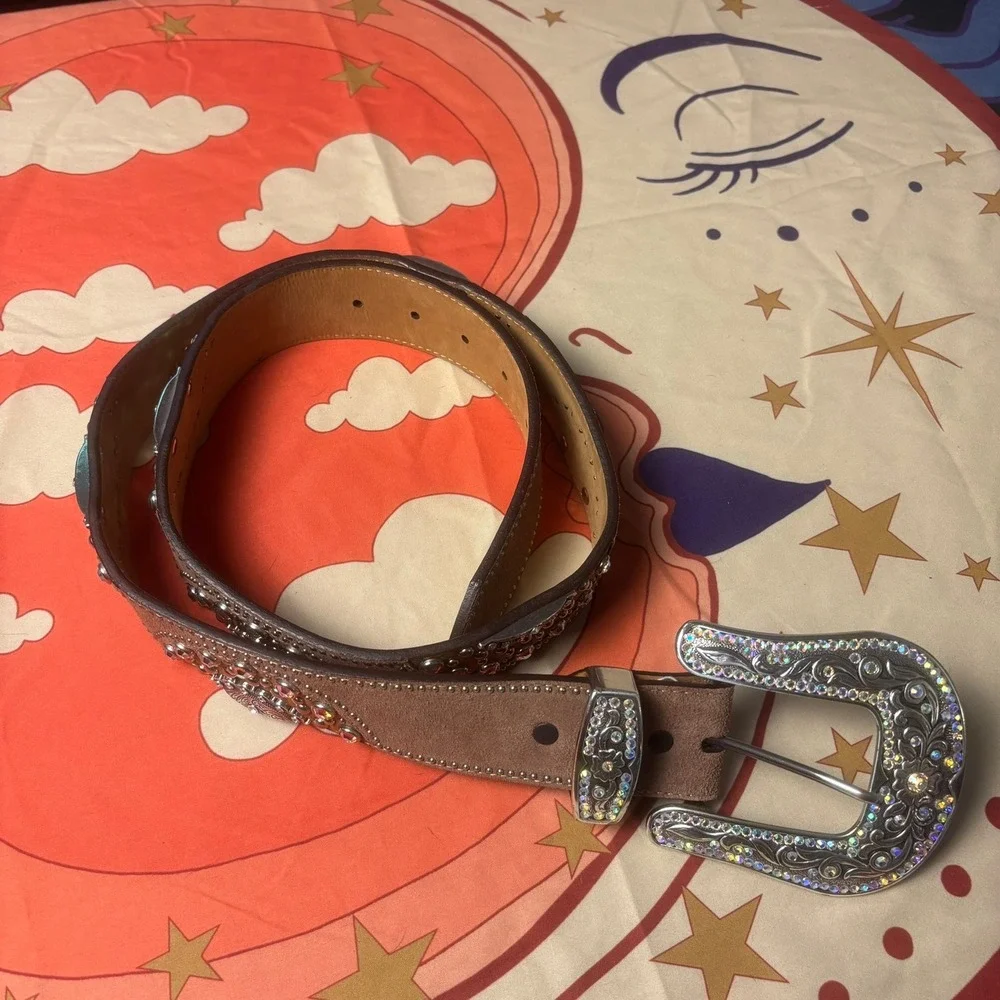 Tony Lama Leather Western Rhinestone Studded Belt 38 Oversized Buckle Cowboy